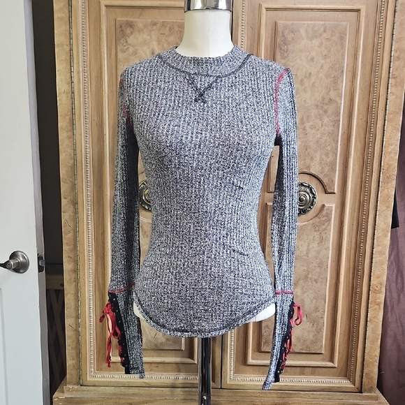 free people movement Tops - FP Movement by Free People Textured Gray Long Sleeve Top with Red Lacing Details